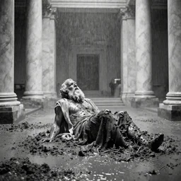 movie still of socrates frozen in a gigantic marble hall flooded with mud, cinestill 8 0 0 t black and white, by andrei tarkovsky, by piranesi very heavy grain, high quality, high detail, ultra wide lens, sharpness, flares, anamorphic, foggy, mud, rain