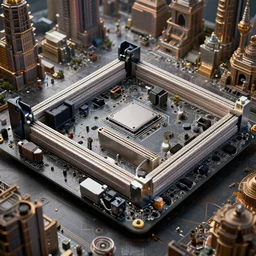 close-up of a computer motherboard edited to look like an ancient city, unreal render, octane, 4k, extremely detailed