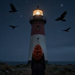 folk horror lighthouse. flock of ravens. woman with auburn hair. stars in the sky