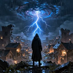 a still of a cloaked figure standing in the ruins of crux prime, bree, lantern - lit town, there is lightning, blue fiery maelstrom in the distance, it is raining, digital art, artstationhq