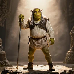 film still of gandalf as shrek in lord of the rings movie, glamour pose, dramatic lighting, octane, volumetric lighting, 8 k
