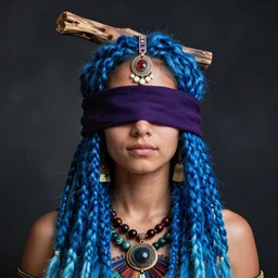 A young blindfolded shaman woman with a decorated headband, in the style of heilung, blue hair dreadlocks and wood on her head., made by karol bak