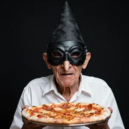 portrait photo of an old wrinkled man, skinny face, bony face, long nose, crooked nose, large full mouth, black pulcinella masquerade mask, pointy conical hat, white wrinkled shirt, presenting pizza, black background, close - up, skin blemishes, menacing, intimidating, masterpiece by manny librodo