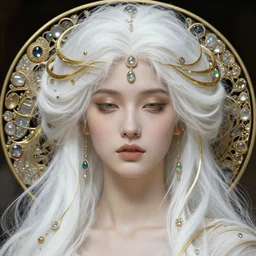 a highly detailed beautiful white haired woman, adorned with precious stones and thin gold tendrils, by jeremy mann, by alphonse mucha, by william - adolphe bouguereau, 4 k resolution, trending on artstation, very very detailed, masterpiece, stunning, intricate,