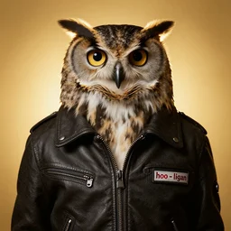 owl with biker gang jacket with label which says hoo - ligan, portrait photo, backlit, studio photo, golden ratio