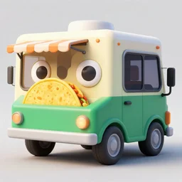 taco truck with cartoon eyes, in an eerie setting
