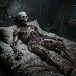 a scary presence is lying on my bed, it occupies the whole room and it is ruthless, it is made of unknown materials, insanely detailed, sci - fi, abstract horror, posthuman, in the style of james ballard