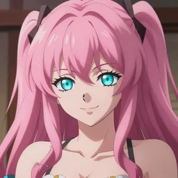 stunningly beautiful omnipotent megalomaniacal anime goddess who looks like junko enoshima with porcelain skin, pink twintail hair and mesmerizing cyan eyes, symmetrical perfect face smiling in a twisted, mischievous, devious and haughty way while looking down upon the viewer, mid view, hyperdetailed, 2 d, 8 k