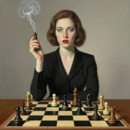 woman smoking a chess piece, surrealist artwork
