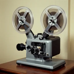 old style reel projector with a body in a suit, 1964 photograph, colorized