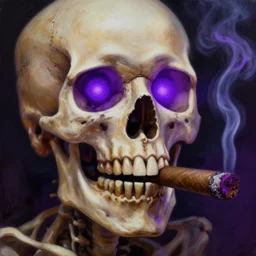 a painting of a skeleton skull with glowing purple eyes smoking a purple cigar, digital art, realistic, spooky, vivid