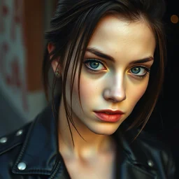 a photograph of a young woman in leather jacket, 9 0 s rebellious punk, dof, sharp focus, highly detailed face, symmetric face, realistic iris, cinestill 8 0 0 t, photography by paolo roversi