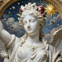 white marble sculpture, intricate, majestic, baroque ,sistina, saint Woman, Venus godness Athena, beautiful, gracious, pagans, marble and gold, space, stars, clouds, sun, greeks, coerent face, fruits, bioluminescent skin, Sky, Skies, bees, pomegranade, by annie leibovitz