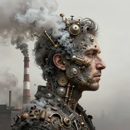a profile portrait of a man made of smoke stack and pollution, character portrait, facing right!!!, ultra realistic, wide angle, intricate details, the fifth element artifacts, highly detailed by peter mohrbacher, hajime sorayama, wayne barlowe, boris vallejo, aaron horkey, gaston bussiere, craig mullins