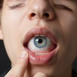 headshot portrait of person holding hyperrealistic human eye in mouth, hyperrealistic, extreme detail, ray tracing, octane render