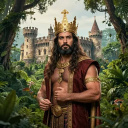 a gentle powerful king live in his castle in the middle of the jungle, professional photography