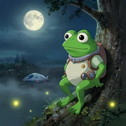 pepe the frog leaning on a tree looks at akihabara - dressed as a spaceship pilot in a misty moonlit scenario, painting by studio ghibli. surrounded by fireflies, cinematic lighting, trending on artstation