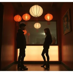 a tiny nightclub with a few chinese lanterns, a couple of modern subculture teenagers standing and talking to each other, wearing black modern clothes, designed by rick owens, by gregory crewdson