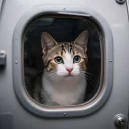 kitten looking outside the window of a spaceship, dslr photo, f4.5