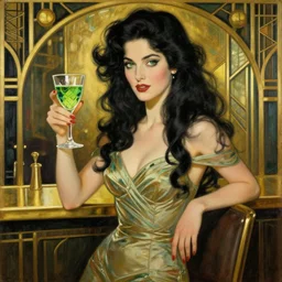 a crafty seductive woman in a cocktail dress holding a glass of absinthe. she has long wavy black hair and green eyes and a direct gaze. she is in a brass retro futuristic art deco bar. beautiful painting by alphonse mucha