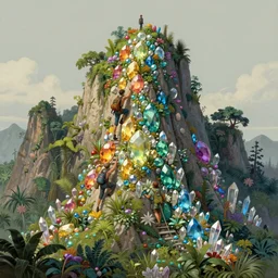 adventurers climbing a mountain made of rainbow gemstones and crystal and glass, verdant and lush and overgrown, fantasy, intricate, elegant, highly detailed, digital painting, artstation, concept art, matte, sharp focus, illustration, hearthstone, art by artgerm and greg rutkowski and alphonse mucha