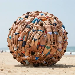 photo of a giant ball of human bodies in bathing suits rolling down the beach in cronenburg style