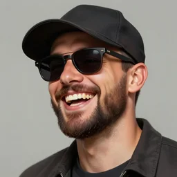 handsome laughing man with a beard wearing sunglasses and cap, Mark Edward Fischbach, intricate, highly detailed, digital painting, artstation, concept art, smooth, sharp focus, illustration, gta v cover art, Unreal Engine 5, 8K, art by artgerm and greg rutkowski and alphonse mucha