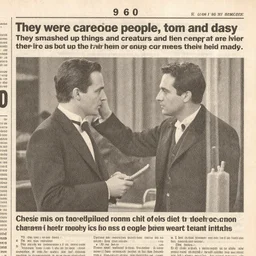 1 9 6 0 s newspaper photo of : they were careless people, tom and daisy - they smashed up things and creatures and then retreated back into their money or their vast carelessness or whatever it was that kept them together, and let other people clean up the mess they had made.
