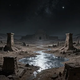 epic landscape of ancient tombs of forgotten doom under haunting sky full of stars, uneasy landscape of barren exoplanet gliese, lakes of molten quicksilver among the ruins, inspired by beksinski, trending on artstation