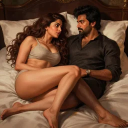 kareena kapoor with arjun rampal in the bed, au naturel, hyper detailed, digital art, trending in artstation, cinematic lighting, studio quality, smooth render, unreal engine 5 rendered, octane rendered, art style by klimt and nixeu and ian sprigger and wlop and krenz cushart.