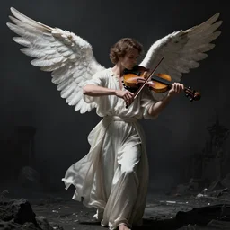 winged angel playing violin, noir movie, cinematic, photo realism, concept art