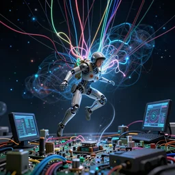 dark virtual space. foreground : a beautiful robot fighter pilot is battling, suspended by luminous intricate organic and colorful electric cables and wires and fiber to the jet cockpit computer motherboard, experiencing the quantum field cinematic highly detailed realistic beautiful cosmic neural network o