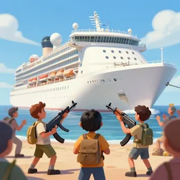 kids holding ak - 4 7 in a giant cruise ship about to kill people, inappropriate artwork