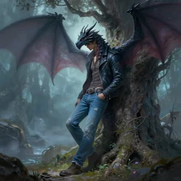 shadow dragon wearing jeans leans against a magical tree fantasy artwork epic detailed and itricate digital painting trending on artstation by wlop octane render