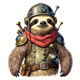 highly detailed colored ink illustration, full shot portrait of a steampunk dieselpunk mythpunk sloth wearing a helmet and a scarf, cinematic lighting, sharp focus, clean shaped illustration by kim jung gi, studio ghibli, ric estrada, ron english and eiichiro oda