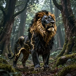beautiful black lion with gold lightnings on the body in the middle of a huge ancient forest, low angle, epic cinematic shot, sharp focus, hyperdetails, concept art,  artstation, cgsociety, 8k, by magali villeneuve and raphael lacoste