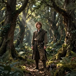 Matt berry in a medeival fairy forest painting as a bard woodsman