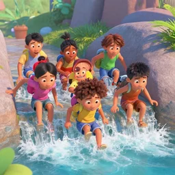 kids going down a waterside in a watermark in the style of pixar