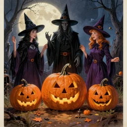 a vintage halloween advertisement illustration from the 50s with witches and jack-o-lanterns