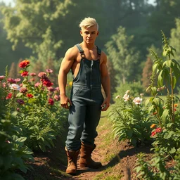 tall muscular young man in overalls tending to a garden. short buzzcut hair, blond, boots. ralph horsley, rossdraws, matte painting, stylized background, cinematic lighting, maya, pixar, unreal engine, artstation