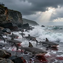 hundred sharks seen from a rocky shore, waves, blood in the water, cinematic light