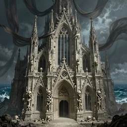 epic cathredal built of skulls and bones, big gate entrance, big drapes flowing around it, and endless ocean in background, matte painting, horror art, volumetric, ambient light, beautifully detailed, smooth, high quality, intricate, epic, by zdzisław beksinski and nikolay makovsky and giger