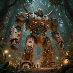 giant wooden mecha building futuristic giant wooden tree trunk buildings, organic wooded shops, solarpunk, organic bioluminescent street lights, forest canopy understory, cinematic lighting, dark and moody, octane render, 3 d pixar disney digital cgi rtx hdr painting, highly detailed, artstation cgsociety masterpiece, by syd mead, greg rutkowski, wlop, artger