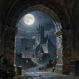 beautiful digital detailed illustration painting of a stone archway in the moonlight game of thrones city