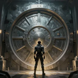a giant door to a top secret vault, detailed digital illustration by greg rutkowski, cyberpunk, android netrunner