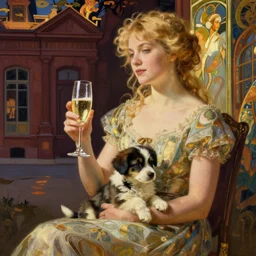 blonde with glass of champagne in her hand and puppy on her lap. bordeaux background. art by louis theophile hingre and alphonse mucha