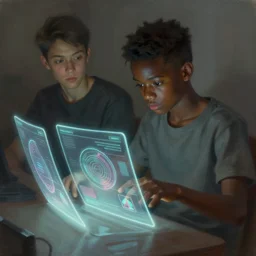 digital painting of black teenager manipulating three dimensional holographic screens - in the style of afrofuturism - art, by wlop, james jean, victo ngai! muted colors, very detailed, art fantasy by craig mullins, thomas kinkade cfg _ scale 8