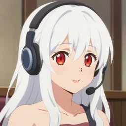 high quality anime film portrait of a cute ( ( red eyed girl!! ) ) with ( ( long white hair!! ) ) wearing a headset in her room interior. art by makoto shinkai, kyoani, pixiv, danbooru, headshot, cute face by ilya kuvshinov, katsuhiro otomo, kentaro miura