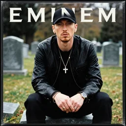 eminem sitting in a cemetery album cover, high quality, discogs, detailed