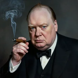 alphonse mucha portrait of Winston Churchill as the God of War, smoking a cigar, detailed, stylized, realistic, deep hues, cool tones, dark, strong